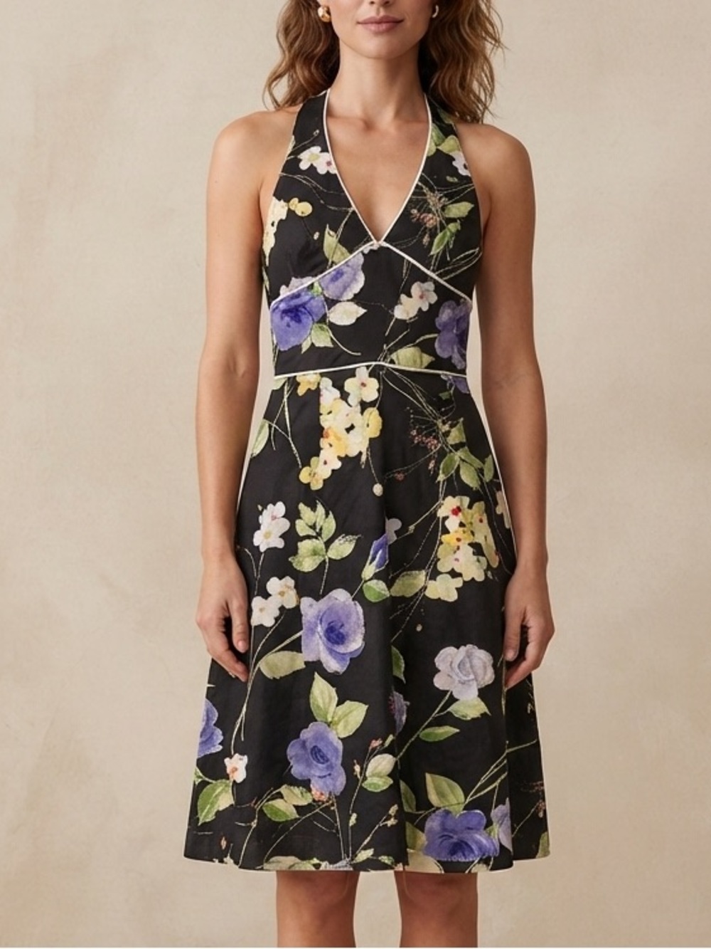 Lori Ann Floral Knee Length Mini Sundress Halter V‑Neck Dress Size 10 Large